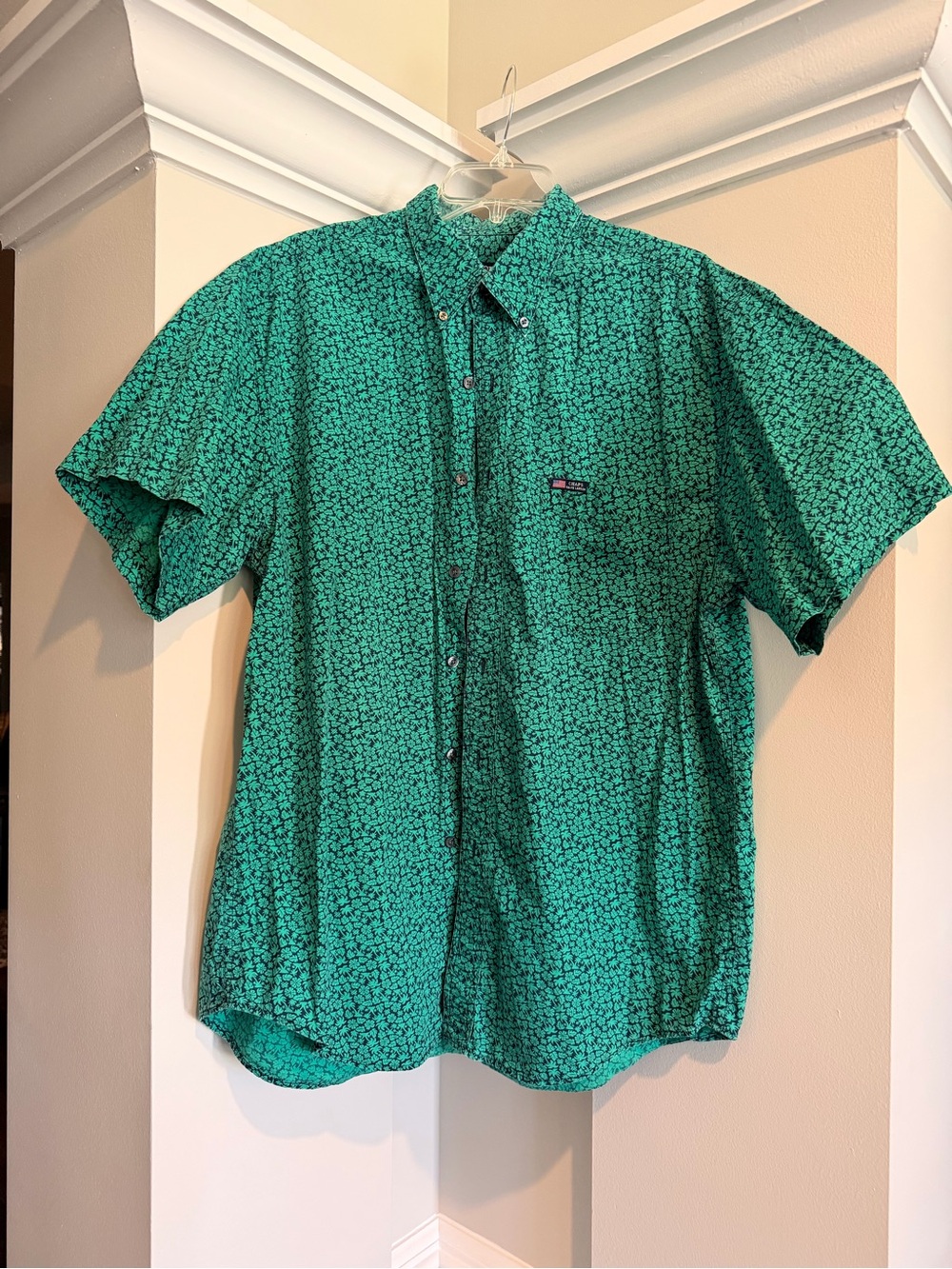 Large Ralph Lauren Green Patterned Short-Sleeve Button-Down Shirt